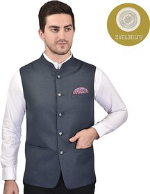 PrintCulture Men Solid Blue Cotton Blend Nehru Jacket