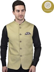 PrintCulture Men Solid Beige Cotton Blend Nehru Jacket