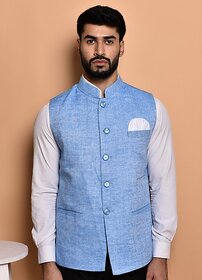 PrintCulture Men Self Design Blue Cotton Blend Nehru Jacket