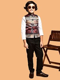 PrintCultr Boys Printed Nehru Jacket (Pack of 2, Brown)