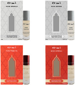 Ossa Musk Serene  Sparkle, Rose Majestic  Imperial Unisex Concentrated Perfums Alcohol Free Attar Combo (Pack of 4)