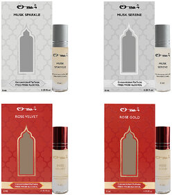 Ossa Musk Sparkle  Serene, Rose Velvet  Gold Unisex Concentrated Perfums Alcohol Free Attar Combo (Pack of 4)