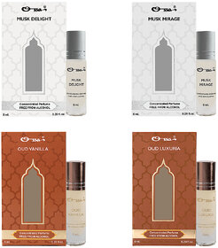 Ossa Musk Delight  Mirage, Oud Vanilla  Luxuria Unisex Concentrated Perfums Alcohol Free Attar Combo (Pack of 4)