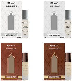 Ossa Musk Delight  Mirage, Oud Royale  Incense Unisex Concentrated Perfums Alcohol Free Attar Combo (Pack of 4)