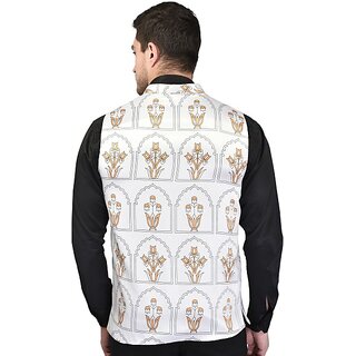 PrintCulture Men Printed White Cotton Blend Nehru Jacket