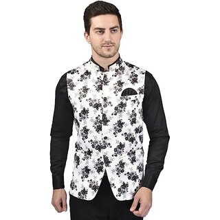 PrintCulture Men Printed Black Cotton Blend Nehru Jacket