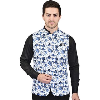 PrintCulture Men Printed White Cotton Blend Nehru Jacket