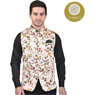 PrintCulture Men Floral Red Cotton Blend Nehru Jacket