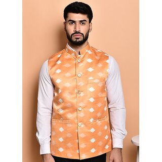 PrintCulture Men Printed Orange Cotton Blend Nehru Jacket