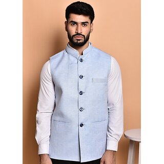 PrintCulture Men Solid Blue Cotton Blend Nehru Jacket