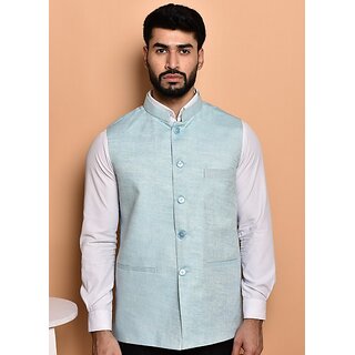 PrintCulture Men Solid Blue Cotton Blend Nehru Jacket