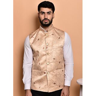 PrintCulture Men Printed Beige Cotton Blend Nehru Jacket