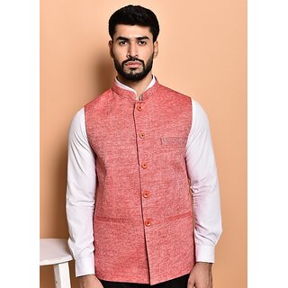 PrintCulture Men Solid Red Cotton Blend Nehru Jacket