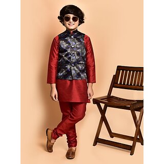 PrintCultr Boys Festive & Party Kurta, Waistcoat and Pyjama Set (Red)