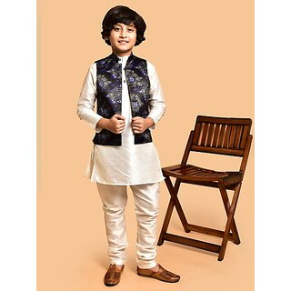 PrintCultr Boys Festive & Party Kurta, Waistcoat and Pyjama Set (White)