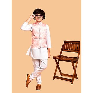 PrintCultr Boys Festive & Party Kurta, Waistcoat and Pyjama Set (White)