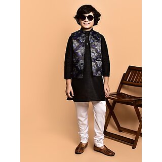 PrintCultr Boys Festive & Party Kurta, Waistcoat and Pyjama Set (Black)