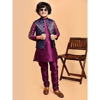 PrintCultr Boys Festive & Party Kurta, Waistcoat and Pyjama Set (Purple)