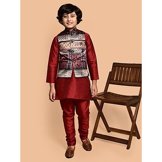 PrintCultr Boys Festive & Party Kurta, Waistcoat and Pyjama Set (Red)