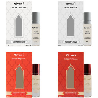 Ossa Musk Delight  Mirage, Rose Majestic  Imperial Unisex Concentrated Perfums Alcohol Free Attar Combo (Pack of 4)