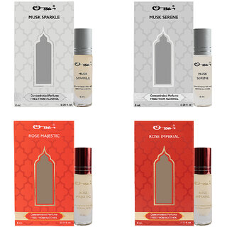 Ossa Musk Serene  Sparkle, Rose Majestic  Imperial Unisex Concentrated Perfums Alcohol Free Attar Combo (Pack of 4)