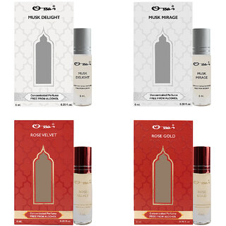 Ossa Musk Delight  Mirage, Rose Velvet  Gold Unisex Concentrated Perfums Alcohol Free Attar Combo (Pack of 4)