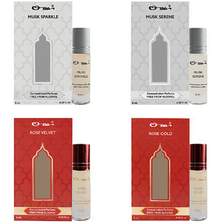 Ossa Musk Sparkle  Serene, Rose Velvet  Gold Unisex Concentrated Perfums Alcohol Free Attar Combo (Pack of 4)