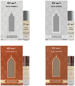 Ossa Musk Sparkle And Serene, Oud Vanilla And Luxuria Unisex Concentrated Perfums Alcohol Free Attar Combo (Pack of 4)