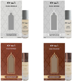 Ossa Musk Sparkle And Serene, Oud Royale And Incense Unisex Concentrated Perfums Alcohol Free Attar Combo (Pack of 4)