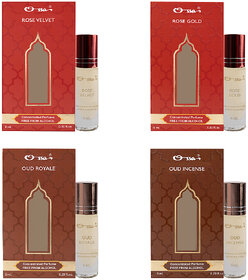 Ossa Rose Velvet And Gold, Oud Royale And Incense Unisex Concentrated Perfums Alcohol Free Attar Combo (Pack of 4)