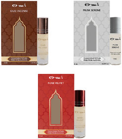 Ossa Oud Incense, Musk Serene, Rose Velvet Unisex Concentrated Perfums Alcohol Free Attar Combo (Pack of 3)