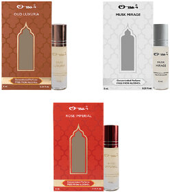 Ossa Oud Luxuria, Musk Mirage, Rose Imperial Unisex Concentrated Perfums Alcohol Free Attar Combo (Pack of 3)