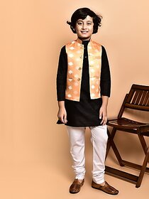 PrintCultr Boys Festive & Party Kurta, Waistcoat and Pyjama Set (Black)
