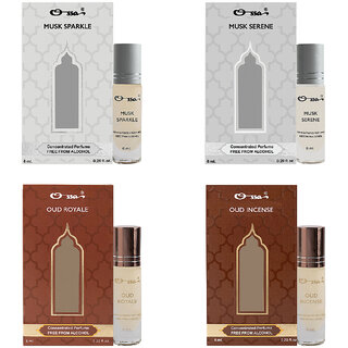 Ossa Musk Sparkle And Serene, Oud Royale And Incense Unisex Concentrated Perfums Alcohol Free Attar Combo (Pack of 4)