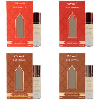Ossa Rose Majestic And Imperial, Oud Vanilla And Luxuria Unisex Concentrated Perfums Alcohol Free Attar Combo Pack of 4