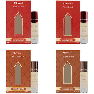 Ossa Rose Velvet And Gold, Oud Vanilla And Luxuria Unisex Concentrated Perfums Alcohol Free Attar Combo (Pack of 4)