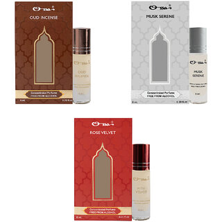 Ossa Oud Incense, Musk Serene, Rose Velvet Unisex Concentrated Perfums Alcohol Free Attar Combo (Pack of 3)