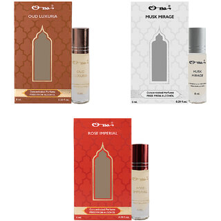Ossa Oud Luxuria, Musk Mirage, Rose Imperial Unisex Concentrated Perfums Alcohol Free Attar Combo (Pack of 3)