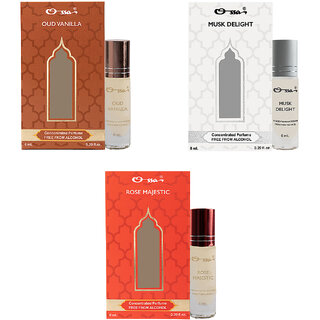 Ossa Oud Vanilla, Musk Delight, Rose Majestic Unisex Concentrated Perfums Alcohol Free Attar Combo (Pack of 3)