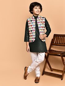 PrintCultr Boys Festive & Party Kurta, Waistcoat and Pyjama Set (Green)