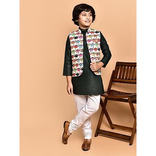 PrintCultr Boys Festive & Party Kurta, Waistcoat and Pyjama Set (Green)