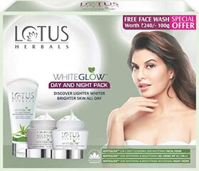 Lotus WhiteGlow Day  Night Skincare Pack Brightening Cleanser, Whitening Day Gel me SPF 25  Nourishing Night me (220 g)