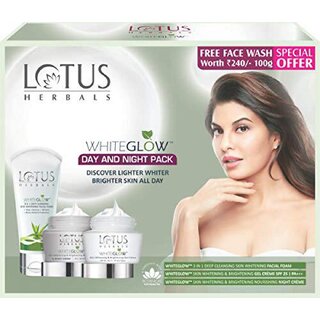 Lotus WhiteGlow Day  Night Skincare Pack Brightening Cleanser, Whitening Day Gel me SPF 25  Nourishing Night me (220 g)