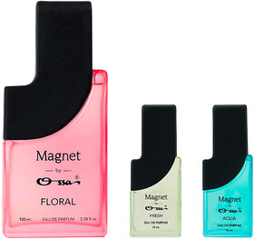 Ossa Magnet Floral 100ml, Fresh 15ml And Aqua 15ml Unisex EDP Long Lasting Perfume Combo For Men And Women (Pack Of 3)