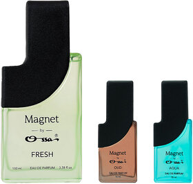 Ossa Magnet Fresh 100ml, Oud 15ml And Aqua 15ml Unisex EDP Long Lasting Perfume Combo For Men And Women (Pack Of 3)