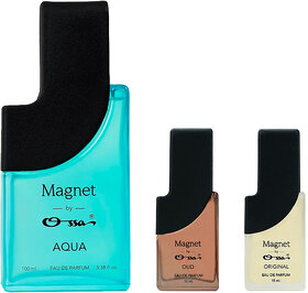 Ossa Magnet Aqua 100ml, Oud 15ml And Original 15ml Unisex EDP Long Lasting Perfume Combo For Men And Women (Pack Of 3)