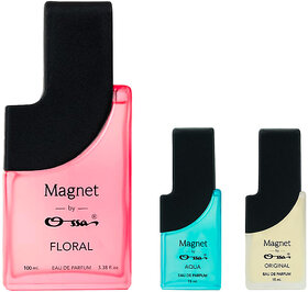 Ossa Magnet Floral 100ml Aqua 15ml And Original 15ml Unisex EDP Long Lasting Perfume Combo For Men And Women (Pack Of 3)