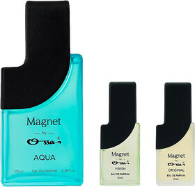 Ossa Magnet Aqua 100ml, Fresh 15ml And Original 15ml Unisex EDP Long Lasting Perfume Combo For Men And Women (Pack Of 3)