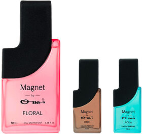 Ossa Magnet Floral 100ml, Oud 15ml, Aqua 15ml Eau De Parfum Long Lasting Perfume Combo for Men And Women (Pack Of 3)