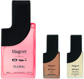 Ossa Magnet Floral 100ml, Oud 15ml, Original 15ml Eau De Parfum Long Lasting Perfume Combo for Men And Women (Pack Of 3)